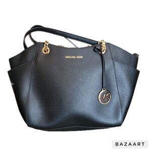 Michael Kors Jet Set Travel Tote Handbag Black Leather Zip Close Shoulder